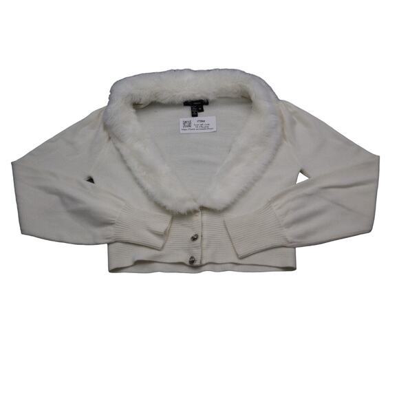Takara Sweater Womens M White Long Sleeve Faux Fur Collar Button Cardigan - Picture 1 of 16